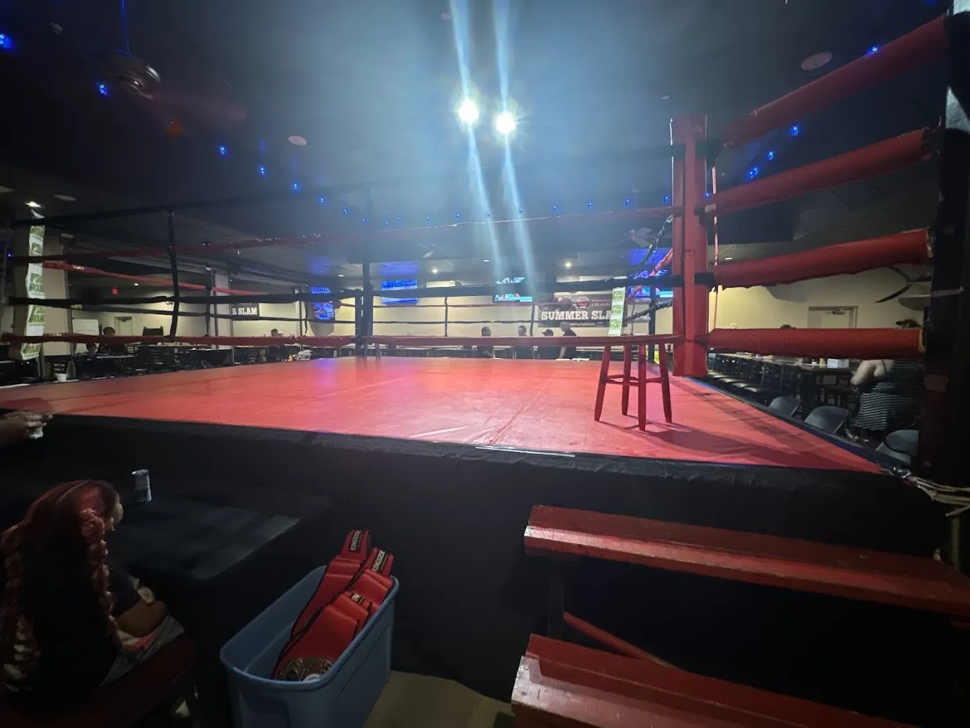 Boxing ring with red canvas under blue stage lights